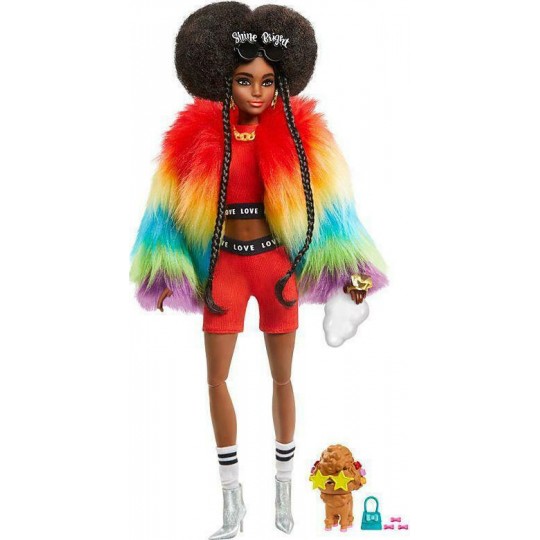Mattel Barbie Extra: Dark Skin Doll with Rainbow Coat
